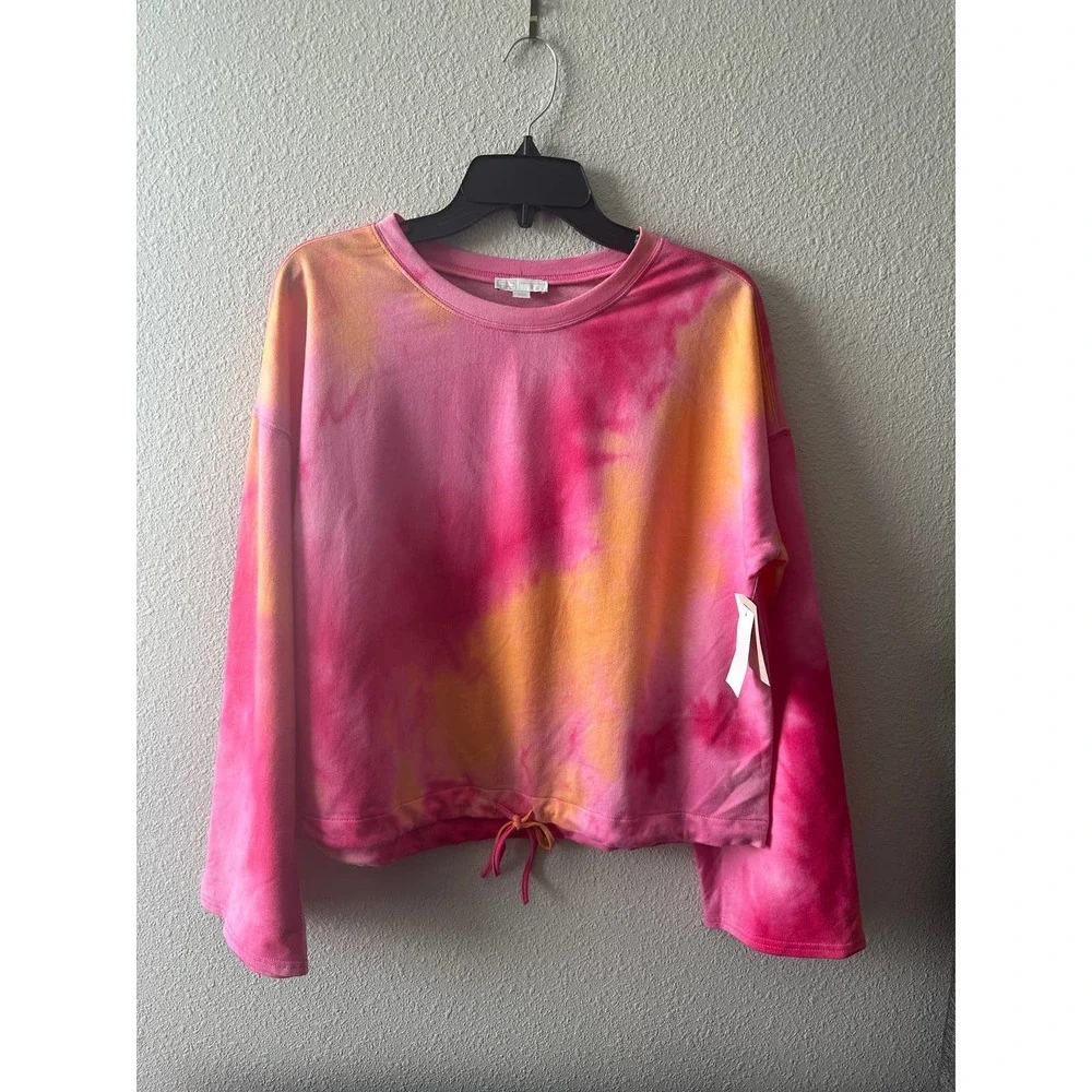 14th & Union Women's Tie Dye Drawstring Hem Shirt In Pink Orange - Picture 5 of 11